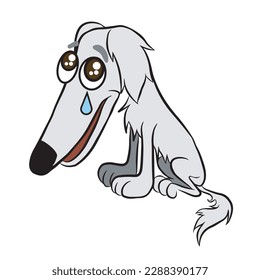 White borzoi sad dog meme. Super stylized cartoon illustration of the long muzzled dog. Handmade drawing traced with crooked lines. Vector isolated on white background.