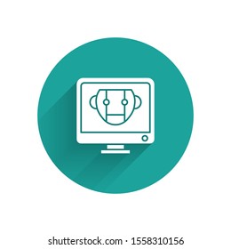 White Bot icon isolated with long shadow. Computer monitor and robot icon. Green circle button. Vector Illustration