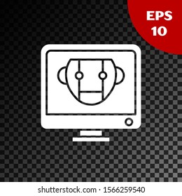 White Bot icon isolated on transparent dark background. Computer monitor and robot icon.  Vector Illustration