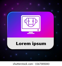 White Bot icon isolated on black background. Computer monitor and robot icon. Rectangle color button. Vector Illustration