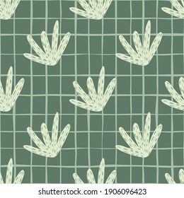 Siluetas de follaje botánico blanco patrón de doodle sin soldadura. Fondo de color verde pastel. Diseño sencillo. Fondo decorativo para el diseño de tejidos, impresión textil, envoltura, cubierta. Ilustración del vector