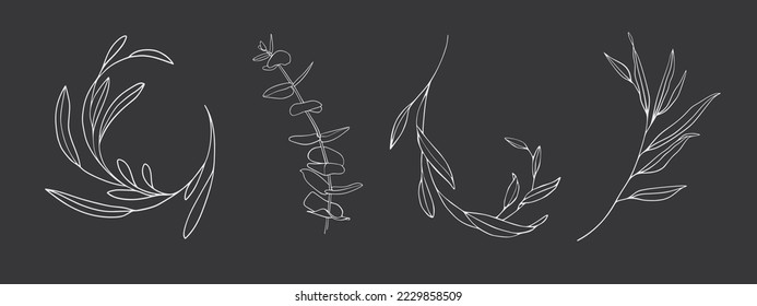 White Botanical Eucalyptus sprig leaves set on black background. Vector eucalyptus illustration. Spring leaves isolated on black background