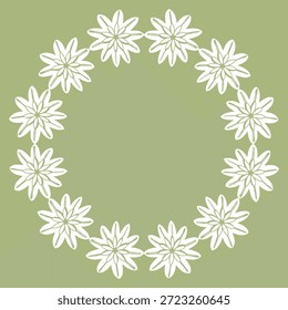Ilustração branca da borda do círculo da flor botânica. Quadro de coroa floral elegante no fundo verde sábio