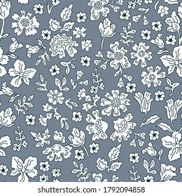 Botánico blanco sobre fondo gris. Impresión perfecta con plantas pequeñas. Colección de vintage. Plantilla para diseño textil, tarjetas, fondos de pantalla, envolturas de regalo.