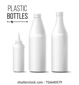 White Bottle Blank Set Vector. 3D Realistic. Plastic White Clean Tomato, Sauce, Mayonnaise Bottles Mock Up. Good For Branding Design. Isolated Illustration