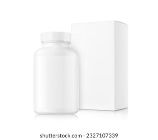 Frasco blanco con bolsa de maquillaje aislada sobre fondo blanco. Se puede usar para alimentos médicos, cosméticos y medicinales. Ilustración vectorial. EPS10.	