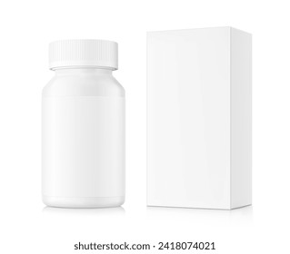 Frasco blanco con maquetas de cajas aisladas en fondo blanco. Se puede usar para alimentos médicos, cosméticos y medicinales. Ilustración vectorial. EPS10.	