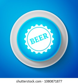 White Bottle cap with beer word icon isolated on blue background. Circle blue button with white line. Vector Illustration