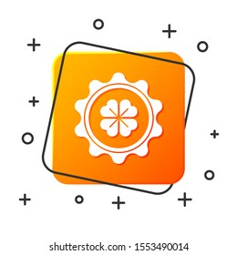 White Bottle cap with four leaf clover icon isolated on white background. Happy Saint Patricks day. Orange square button. Vector Illustration