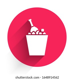 White Bottle of champagne in an ice bucket icon isolated with long shadow. Red circle button. Vector Illustration