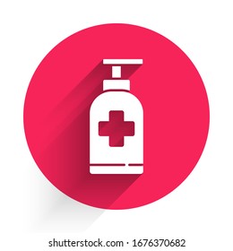 White Bottle of liquid antibacterial soap with dispenser icon isolated with long shadow. Antiseptic. Disinfection, hygiene, skin care. Red circle button. Vector Illustration