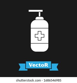 Frasco blanco de jabón antibacteriano líquido con el icono del dispensador aislado sobre fondo negro. Antiséptico. Desinfección, higiene, cuidado de la piel. Ilustración vectorial