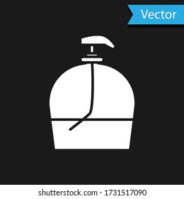 White Bottle of liquid antibacterial soap with dispenser icon isolated on black background. Disinfection, hygiene, skin care. Vector Illustration