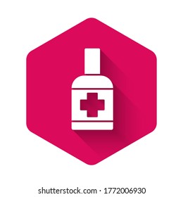 White Bottle of liquid antibacterial soap with dispenser icon isolated with long shadow. Antiseptic. Disinfection, hygiene, skin care. Pink hexagon button. Vector.
