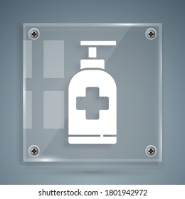 White Bottle of liquid antibacterial soap with dispenser icon isolated on grey background. Antiseptic. Disinfection, hygiene, skin care. Square glass panels. Vector Illustration
