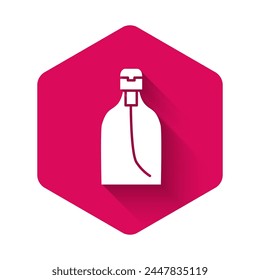 White Bottle of liquid antibacterial soap with dispenser icon isolated with long shadow. Disinfection, hygiene, skin care. Pink hexagon button. Vector Illustration
