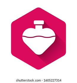 White Bottle with love potion icon isolated with long shadow. Valentines day symbol. Pink hexagon button. Vector Illustration