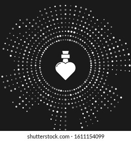 White Bottle with love potion icon isolated on grey background. Valentines day symbol. Abstract circle random dots. Vector Illustration