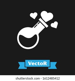 White Bottle with love potion icon isolated on black background. Valentines day symbol.  Vector Illustration