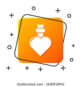 White Bottle with love potion icon isolated on white background. Valentines day symbol. Orange square button. Vector Illustration