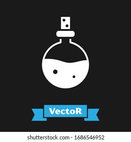 White Bottle with love potion icon isolated on black background. Valentines day symbol.  Vector Illustration