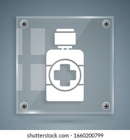 White Bottle of medicine syrup icon isolated on grey background. Square glass panels. Vector Illustration