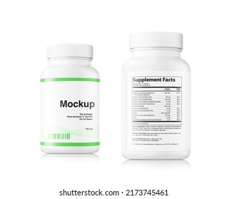 White bottle mockup. Front and rear view with sample text. Vector illustration isolated on white background. Perfect for medical, cosmetic, pharmacy products. EPS10.	