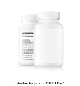 White bottle mockup. Front and rear view with sample text. Vector illustration isolated on white background. Perfect for medical, cosmetic, pharmacy products. EPS10.	