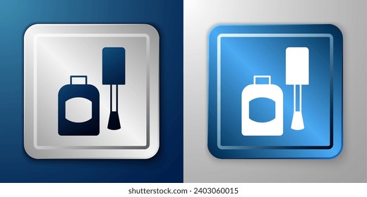 White Bottle of nail polish icon isolated on blue and grey background. Silver and blue square button. Vector