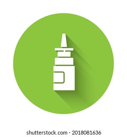 White Bottle nasal spray icon isolated with long shadow. Green circle button. Vector Illustration