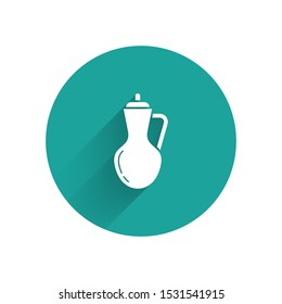 White Bottle of olive oil icon isolated with long shadow. Jug with olive oil icon. Green circle button. Vector Illustration
