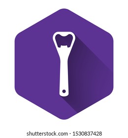 White Bottle opener icon isolated with long shadow. Purple hexagon button. Vector Illustration