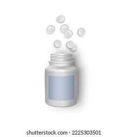 White bottle with pills, top view, realistic vector illustration