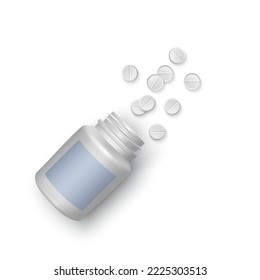 Weiße Flasche mit Pillen, Draufsicht, realistische Vektorgrafik