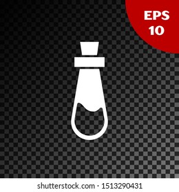 White Bottle with potion icon isolated on transparent dark background. Flask with magic potion. Happy Halloween party.  Vector Illustration