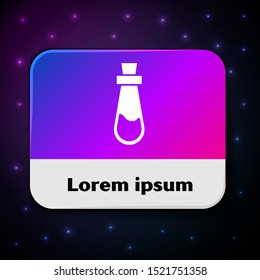 White Bottle with potion icon isolated on black background. Flask with magic potion. Happy Halloween party. Rectangle color button. Vector Illustration