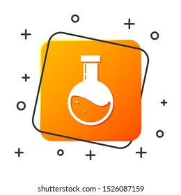 White Bottle with potion icon isolated on white background. Flask with magic potion. Happy Halloween party. Orange square button. Vector Illustration