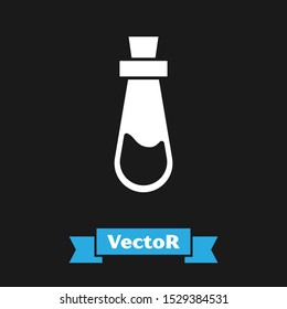 White Bottle with potion icon isolated on black background. Flask with magic potion. Happy Halloween party.  Vector Illustration