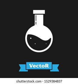 White Bottle with potion icon isolated on black background. Flask with magic potion. Happy Halloween party.  Vector Illustration