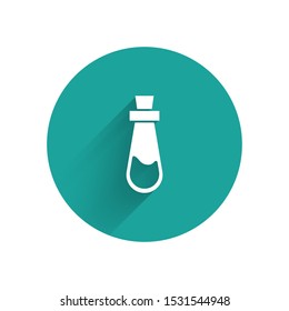White Bottle with potion icon isolated with long shadow. Flask with magic potion. Happy Halloween party. Green circle button. Vector Illustration