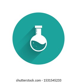 White Bottle with potion icon isolated with long shadow. Flask with magic potion. Happy Halloween party. Green circle button. Vector Illustration