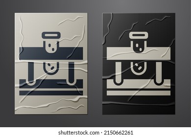 White Bottle with potion icon isolated on crumpled paper background. Flask with magic potion. Paper art style. Vector