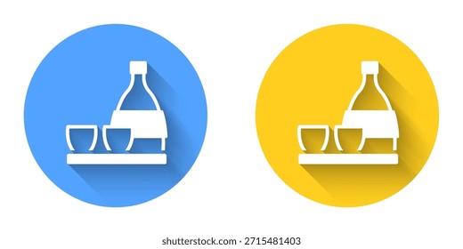 White Bottle of sake, small cup of sake icon isolated with long shadow background. Circle button. Vector