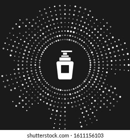 White Bottle of shampoo icon isolated on grey background. Abstract circle random dots. Vector Illustration