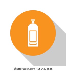 White Bottle of shampoo icon isolated on white background. Orange circle button. Vector Illustration