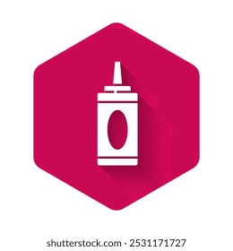 White Bottle of shampoo icon isolated with long shadow. Pink hexagon button. Vector Illustration