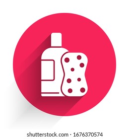White Bottle of shampoo and sponge icon isolated with long shadow. Red circle button. Vector Illustration