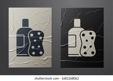 White Bottle of shampoo and sponge icon isolated on crumpled paper background. Paper art style. Vector Illustration