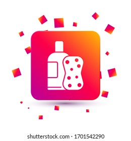 Frasco blanco de champú e icono de esponja aislado en fondo blanco. Botón Color cuadrado. Ilustración vectorial