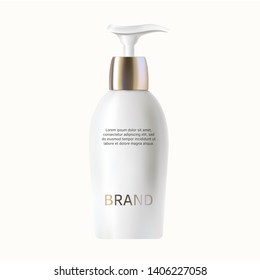 White bottle with silver pump for cosmetic products realistic vector illustration. Packaging design for cream, face wash, body lotion, liquid soap or shampoo isolated on white background